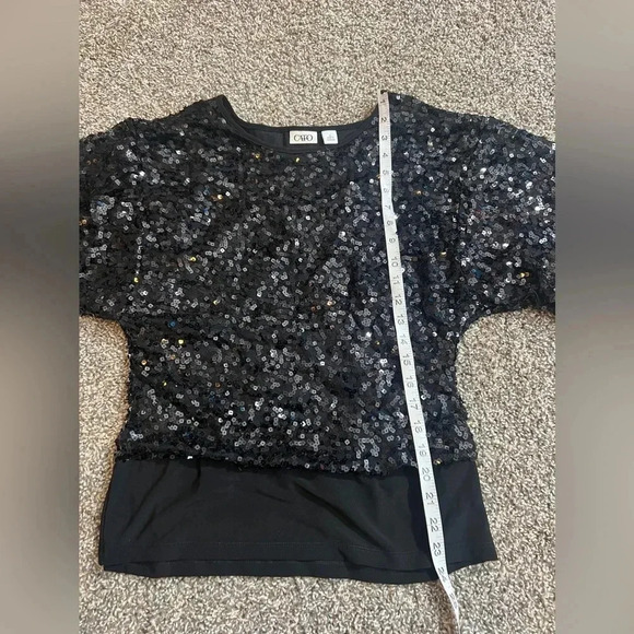 CATO BLACK SEQUIN TOP BATWING SLEEVE SCOOP NECK STRETCH SIZE LARGE - Picture 7 of 8